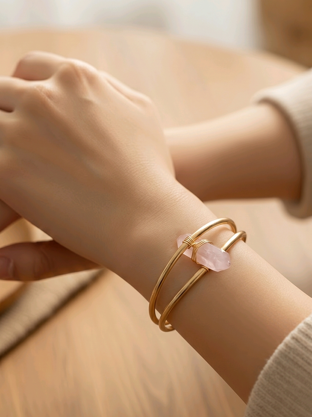 GUESS Gold Tone Rose Quartz Cuff Bracelet Boho Chic Crystal